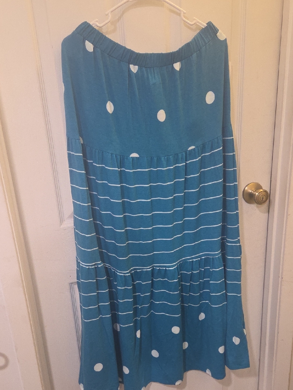 LuLaRoe Teal Blue Polka Dot & Stripe Tiered Maxi Skirt
